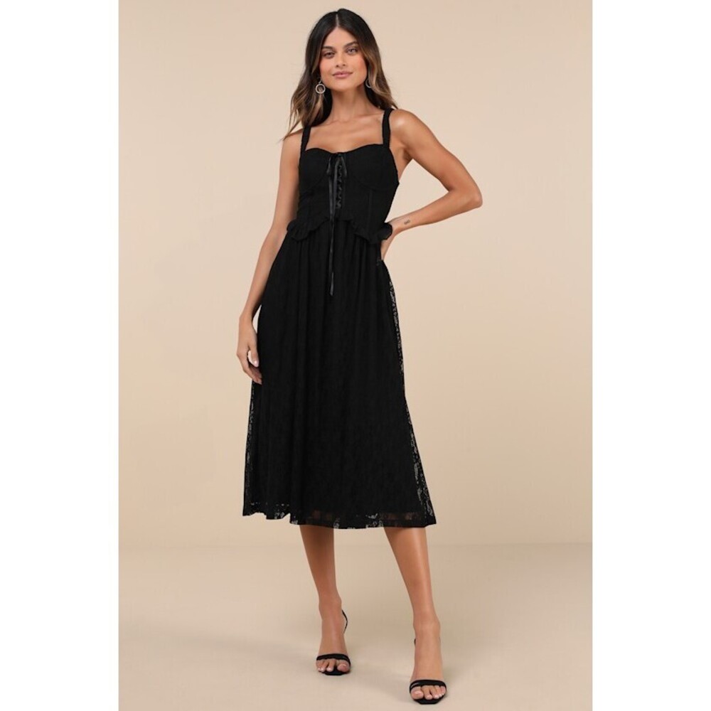 Lulus Romantic Option Black Lace Sleeveless Lace-up Corset Midi Dress - Size L